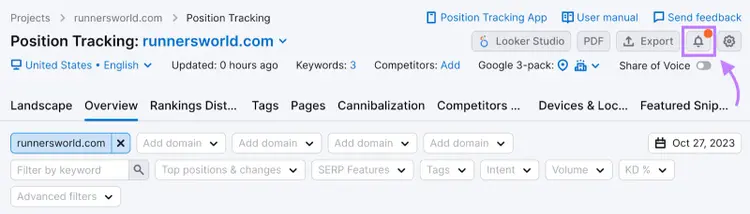 Bell icon highlighted in Position Tracking tool