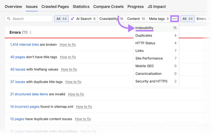 Semrush Site Audit Issues report with the issue category menu open and Indexability highlighted