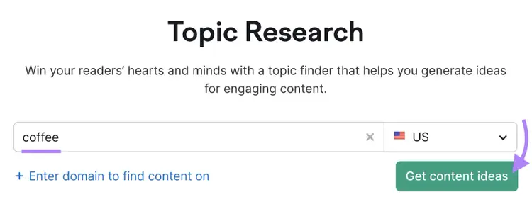 "coffee" entered into Topic Research tool search bar