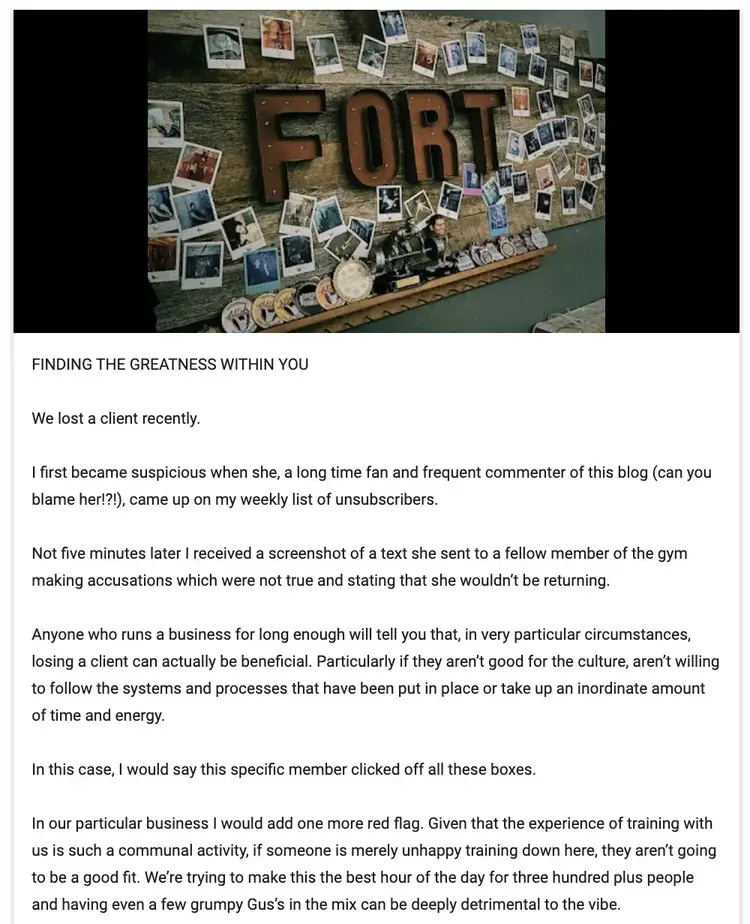 Google Business Profile post by a fitness brand, The Fort NYC, explaining how losing a client can sometimes be beneficial for a business.