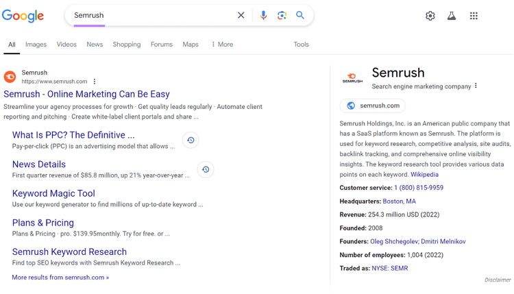 Google search results page for "Semrush," showing search results on the left and the Google Business profile on the right