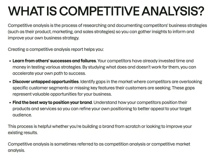 FAQ-style content explaining competitive analysis with short answers and bullet points