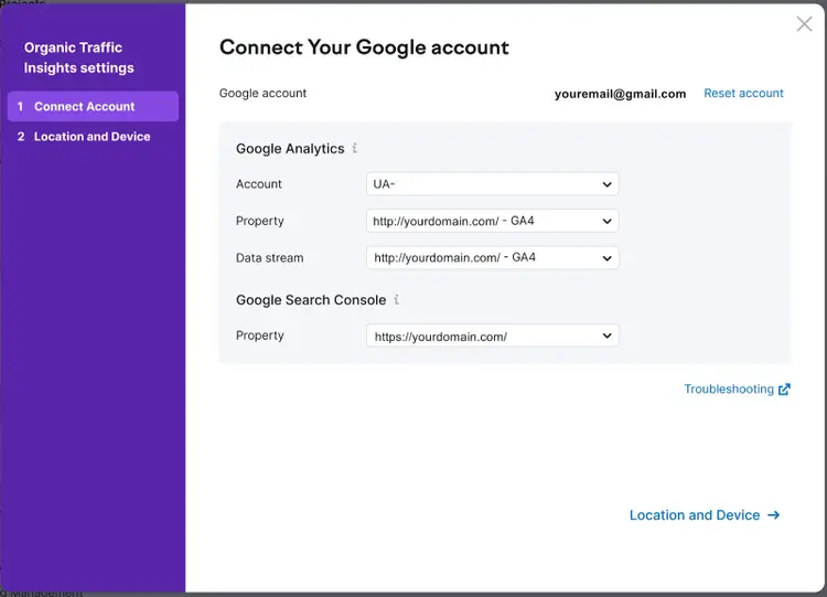 Organic Traffic Insights settings with options to connect Google Analytics and Google Search Console accounts.