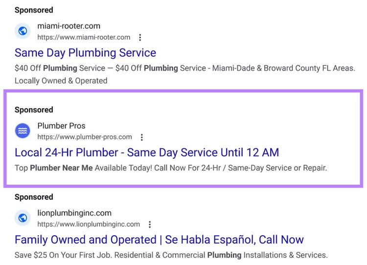 Local search ad on Google for "Plumber near me" query