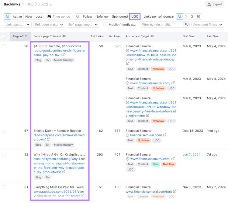 "Backlinks" section of the Backlinks tool with the "UGC" filter and "Source page" column highlighted