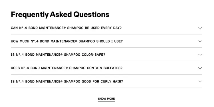 Product FAQs on the OLAPLEX website addressing concerns like amount to use, frequency of use, and ingredients.