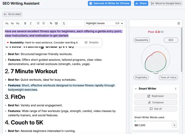 Text in the editor is highlighted to show potential improvements like better readability, SEO, tone of voice, and originality.