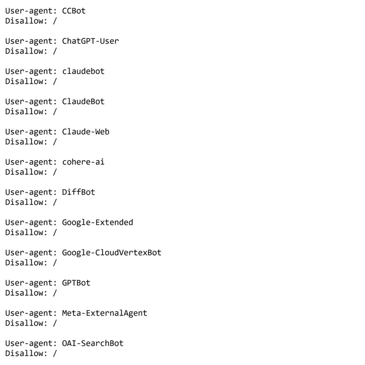 robots.txt file blocking multiple AI crawlers including GPTBot, ClaudeBot, and OAI-SearchBot