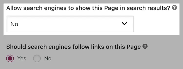 Yoast SEO Advanced settings showing page visibility dropdown set to No and link following option set to Yes