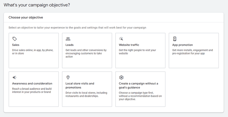 "What's your campaign objective" section in Google Ads campaign page
