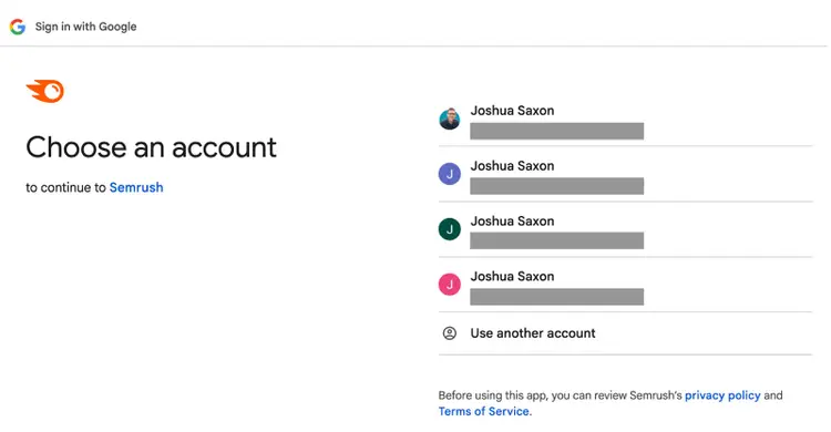 Google Sign-in screen showing four Joshua Saxon account options to continue to Semrush