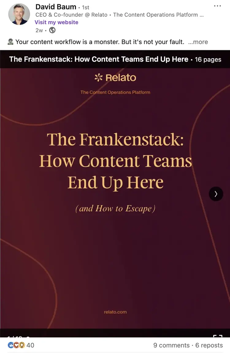 David Baum LinkedIn post about content workflow chaos with Relato eBook preview: The Frankenstack