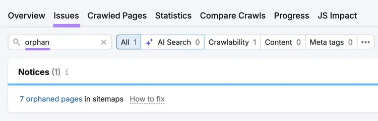 The "Issues" tab on Site Audit with "orphan" entered showing a list of related issues.