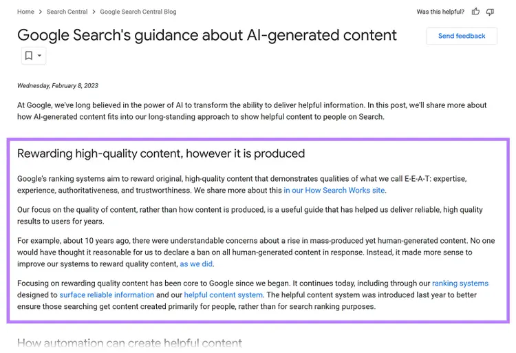 Google blog post with boxed section highlighting guidance on rewarding high-quality AI-generated content