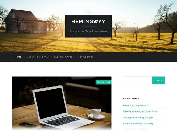 Hemingway WordPress theme with rural landscape background and recent blog posts sidebar