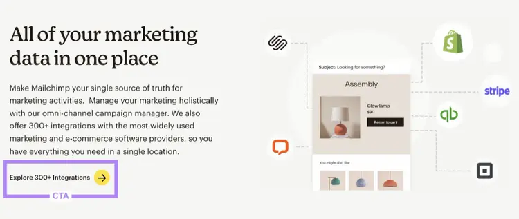 Mailchimp's "Explore 300+ integrations" CTA