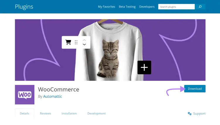 WooCommerce product page with the download button highlighted