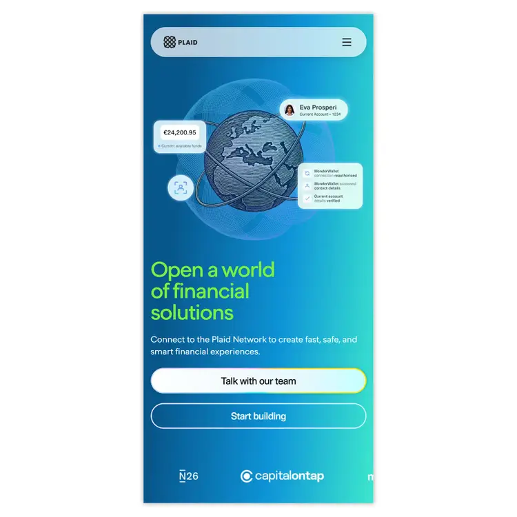Plaid mobile homepage with nav bar showing.