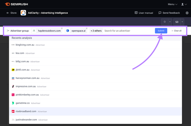 Semrush AdClarity showing competitor advertiser groups and spending