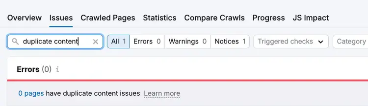 Semrush site audit showing zero duplicate content errors found.