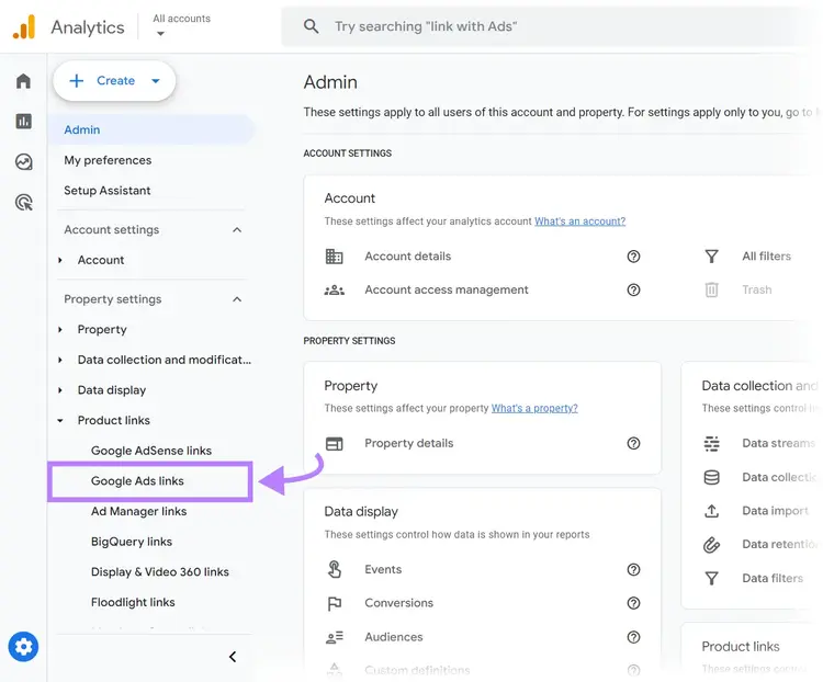 Navigation to "Google Ads links" in Google Analytics homepage sidebar