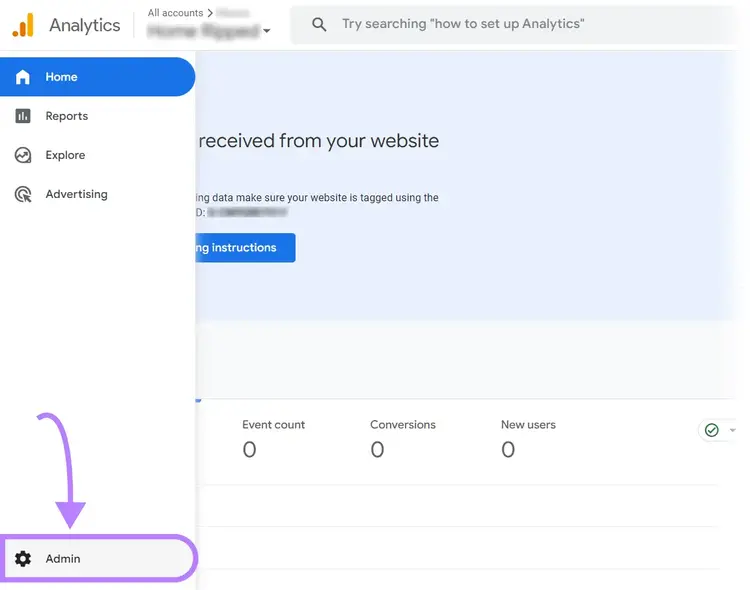 “Admin” button in Google Analytics 4