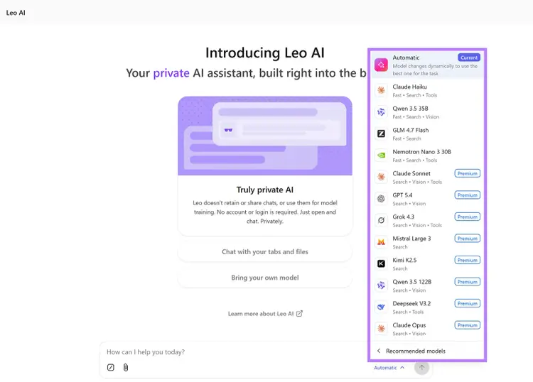 Brave Leo AI model selector showing options including Claude, GPT, Grok, Mistral, Qwen, and DeepSeek
