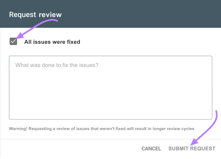 "Request review" popup in GSC