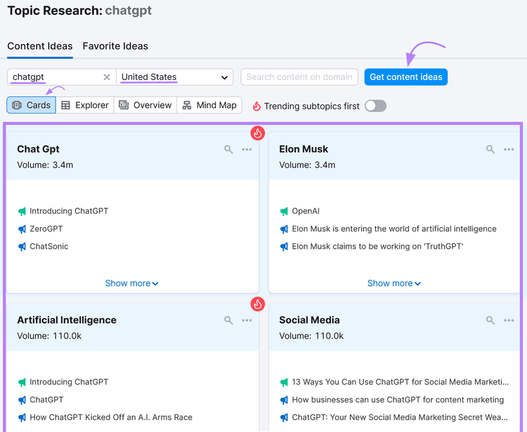“Get content ideas” with Topic Research tool
