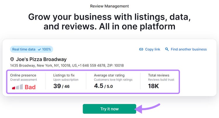 Online presence summary of "Joe's Pizza Broadway" business.
