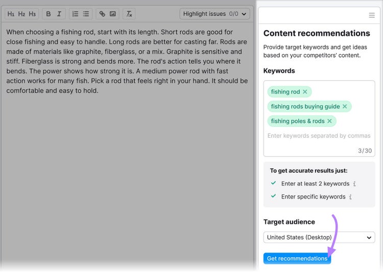 Add keywords under "Content recommendations" window in SEO Writing Assistant