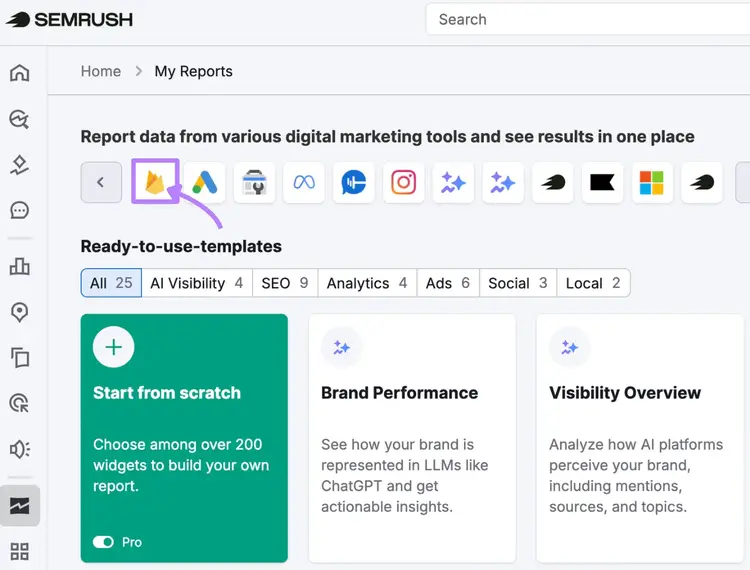 starting a GA4 report in Semrush my reports