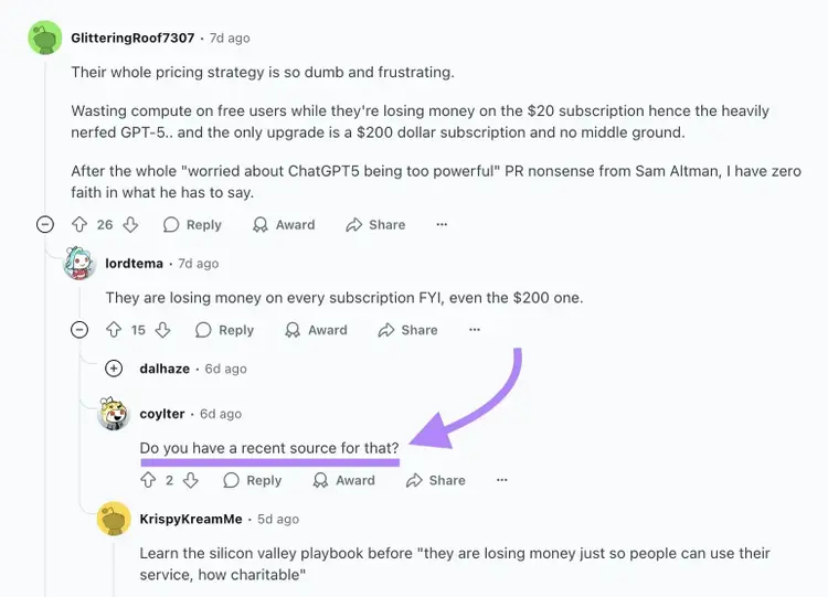 A thread on Reddit with a comment by a Redditor asking for a source highlighted.