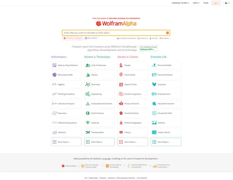 WolframAlpha homepage with a search bar and grid of topics like math, science, health, and finance for data-driven answers.