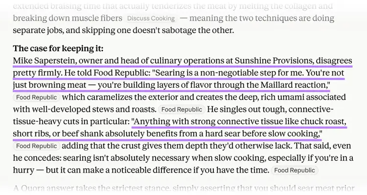 Claude response quoting a culinary expert on why searing meat before slow cooking improves flavour