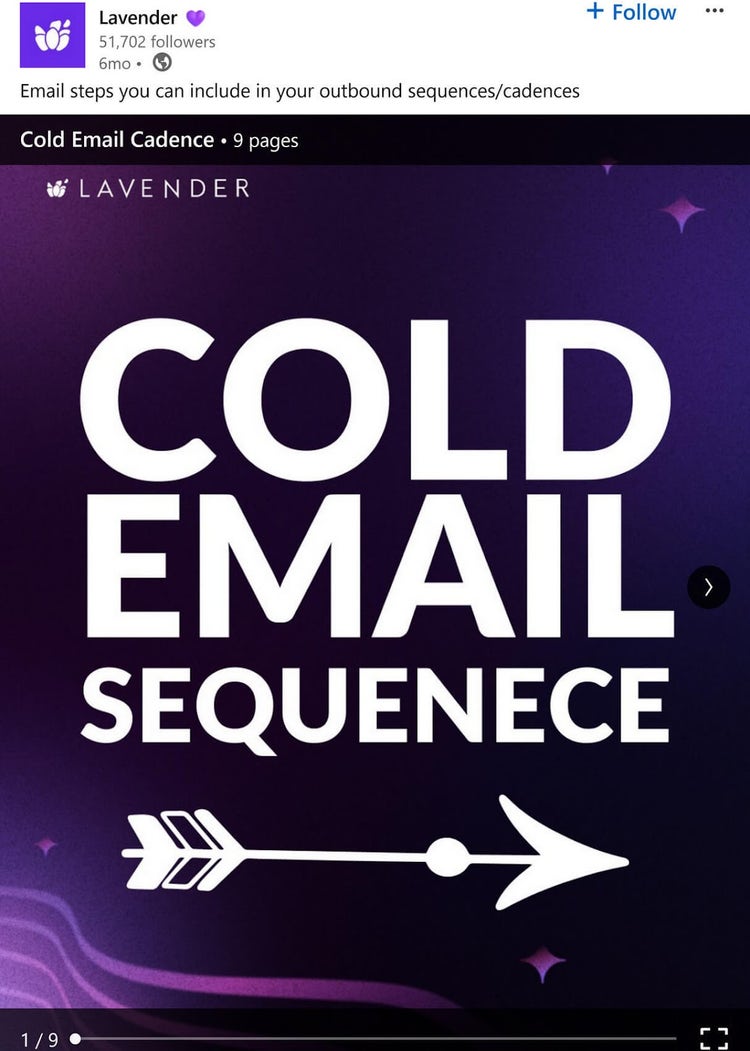 LinkedIn post featuring a graphic with the words "COLD EMAIL SEQUENCE" in large white letters on a purple background.