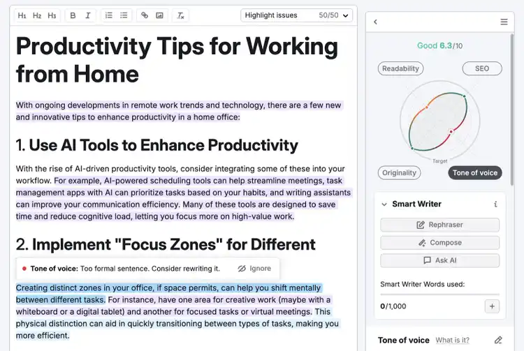 Highlighted text in the content editing tool shows a suggestion to consider rewriting a sentence for tone of voice.