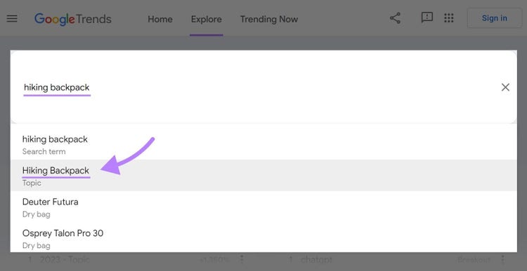 Drop-down menu for “hiking backpack” search term
