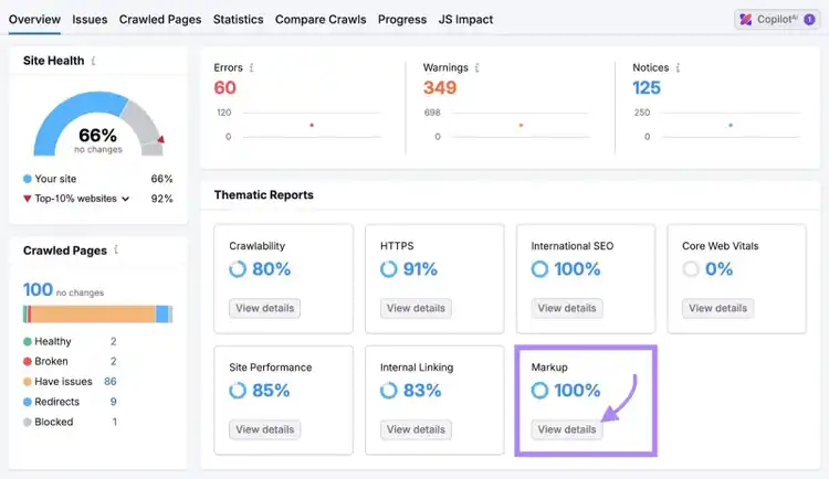 Site Audit report with "View details" under "Markup" clicked.