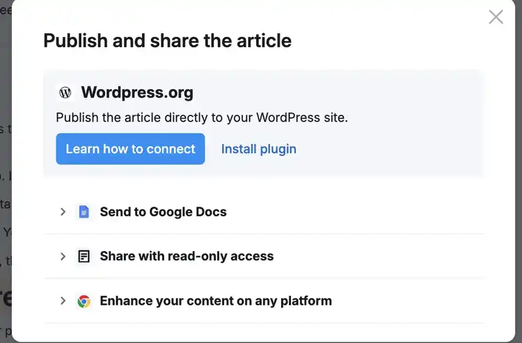 Publish options: WordPress.org, Google Docs, and sharing methods