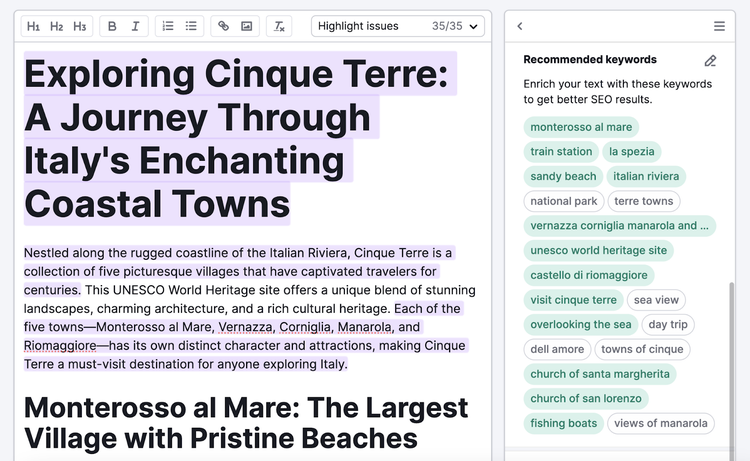 tool highlights semantic keywords used in the text