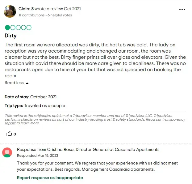 A 1-star review response on Tripadvisor