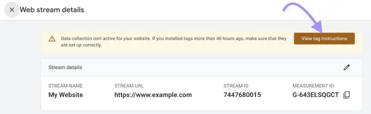 “View tag instructions" button under “Web stream details” window