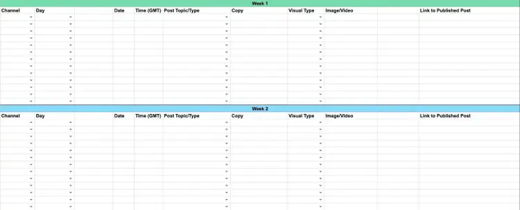 Blank social media content calendar with columns for channel, time, topic, copy, visual type, media, and link to the published post.