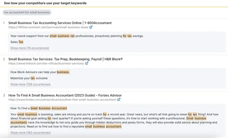"See how your competitors use your target keywords" section in SEO Content Template