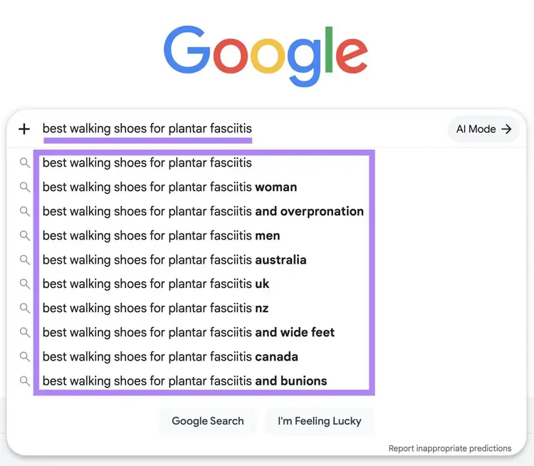 “best walking shoes for plantar fasciitis” entered on Google and the auto-complete suggestions highlighted.