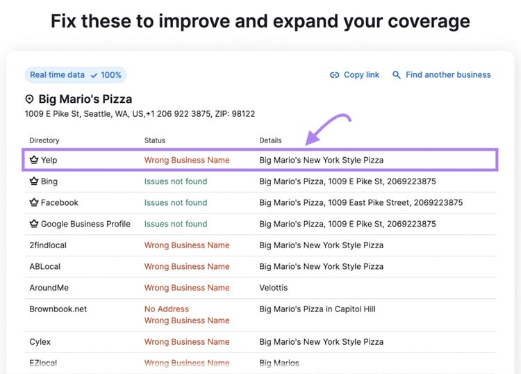 Listing Management tool showing a list of listings to fix