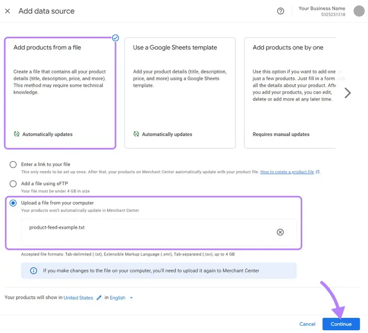 "Add products from a file" option selected in Google Merchant Center