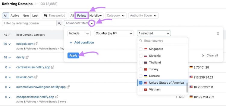 Backlinks' filters highlighted