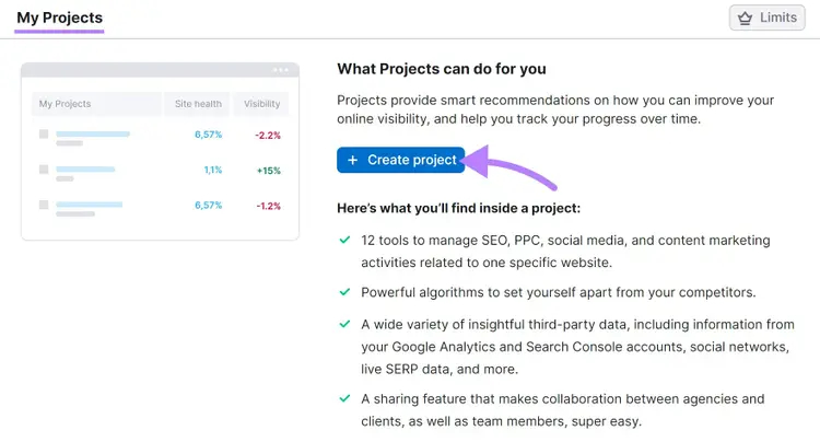 My projects page with the "Create project" button highlighted